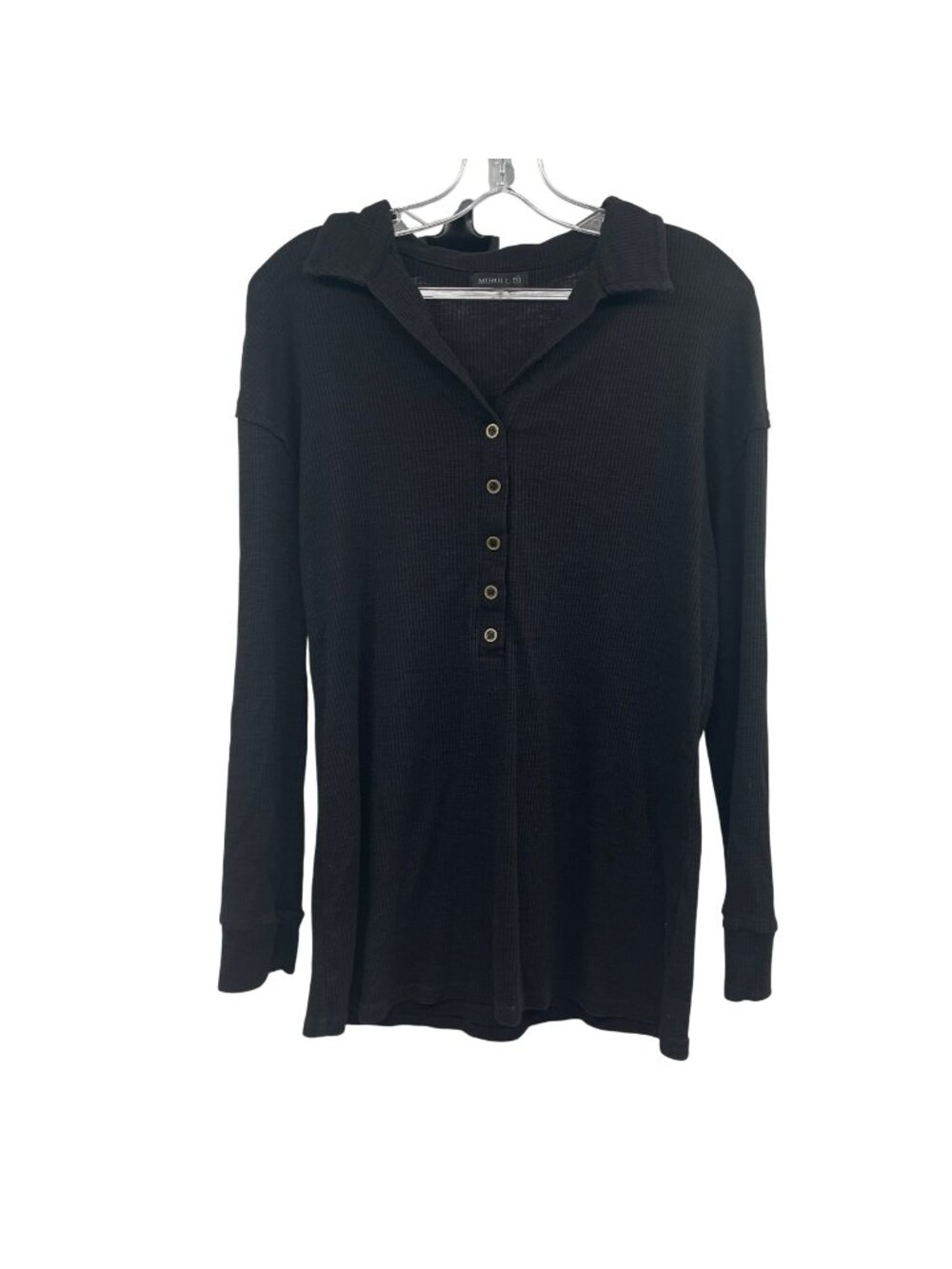 MIHOLL Women's Collared Top Long Sleeve Black Ribbed Size Small